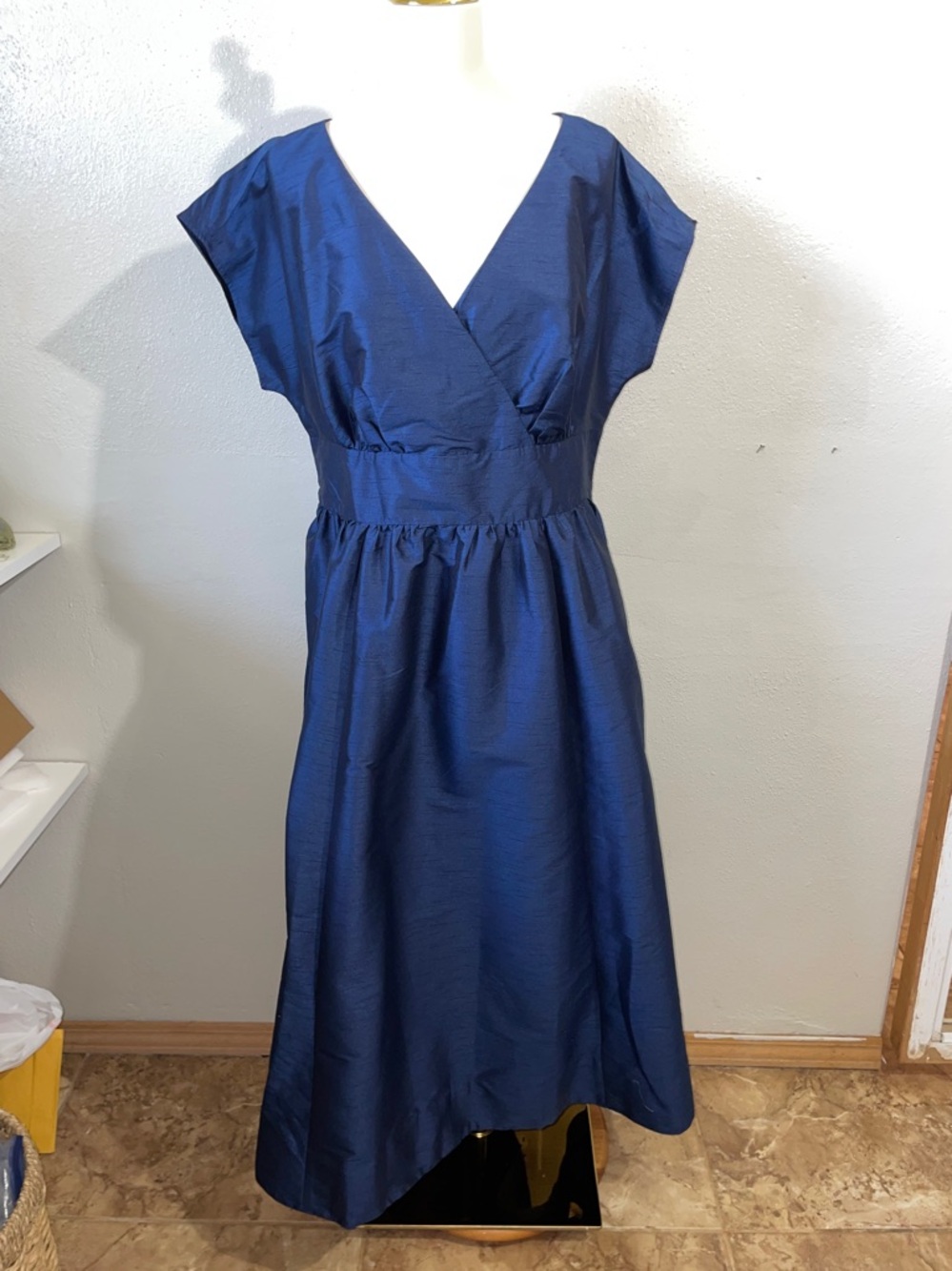 eShakti Navy Fit Flare Dress Cap Sleeve V Neck Medium Tea Length Pockets EUC